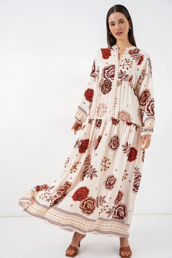 Robe longue hijab à motifs pour femme 2585 - Z. Beige