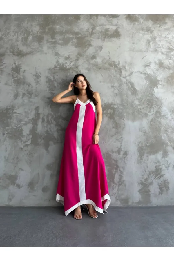 Kadın Pembe Beyaz Detaylı Asimetrik Kesim V Yaka Ayarlanabilir İp Askılı Elbise HZL24S-MJ113041