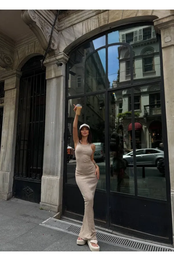 Kadın Bej Bisiklet Yaka Sıfır Kol Yıkamalı Fitilli Uzun Elbise HZL24S-VL1241071