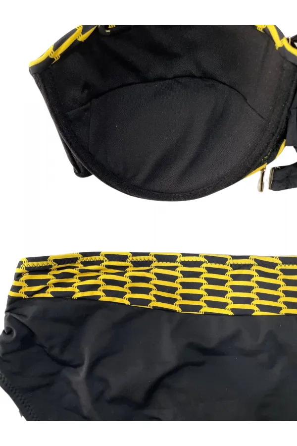 Kadın Sarı Zincir Desenli Büyük Beden Astarlı Siyah Bikini Takım HZL25S-LC3303