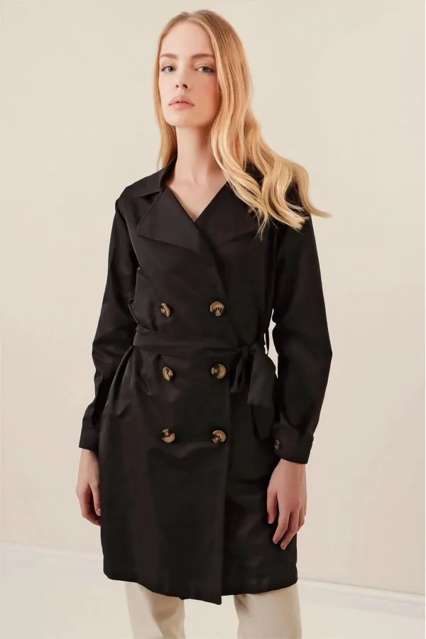 Trench-coat court noir à double boutonnage pour femme, non doublé, confortable et de saison, avec ceinture (HZL23S-BD158641)