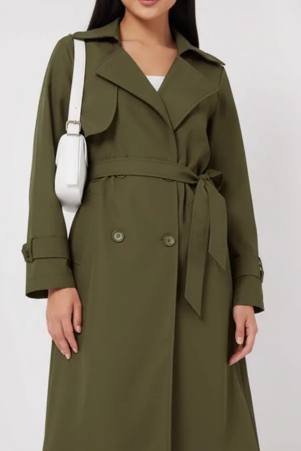 Women's Khaki Double-Breasted Belted Lined Trench Coat HZL25W-BD159181
