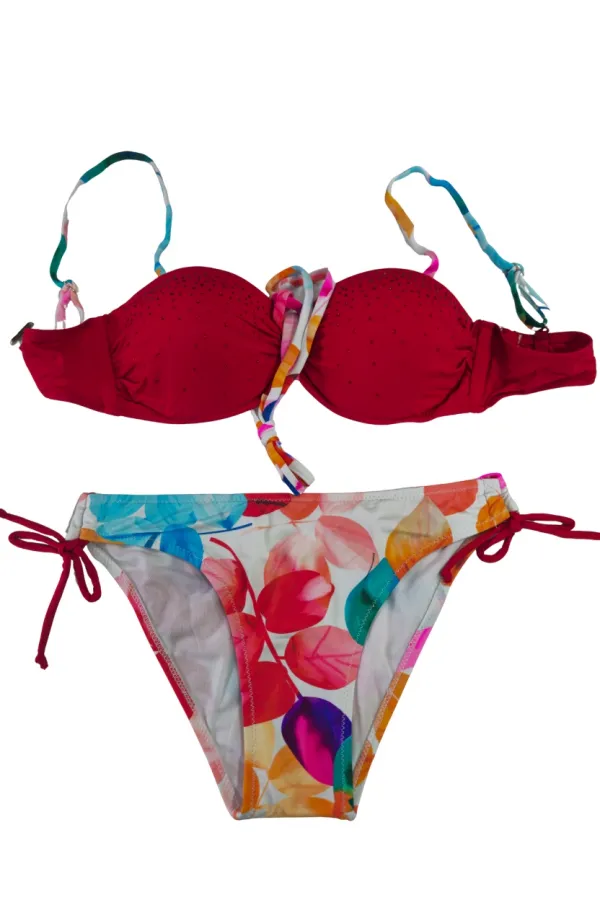 Ensemble bikini doublé orné de pierres rouges pour femme HZL25S-LC207