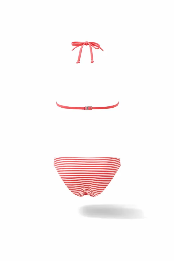 Kız Çocuk Pembe Beyaz Çizgili Flamingo Desenli  4-12 Yaş Üçgen Bikini Takım HZL24S-LC171