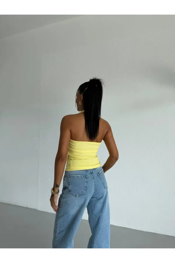 Kadın Sarı Ottoman Kumaş Halter Yaka Toka Detay Bluz HZL26W-FRY123321