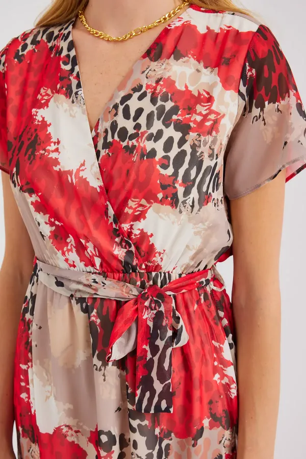 Robe courte en mousseline à motifs, manches courtes, rouge (réf. 2502)