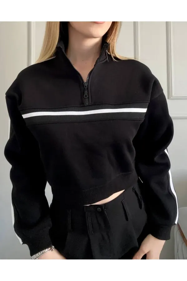 Sweat-shirt à rayures noires et blanches pour femme, col zippé, 3 fils, en relief, HZL24W-ZK12781