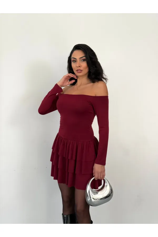 Women's Burgundy Strapless Neckline Layered Skirt Detail Mini Dress HZL25W-FRY123581