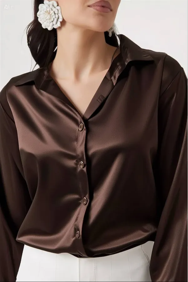 Women's Brown Lightweight Flowing Satin Finish Shirt HZL22W-BD139641