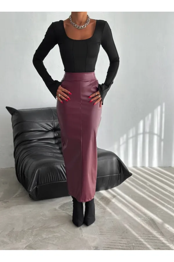 Women's Burgundy Back Slit Zippered Pocket Pencil Skirt HZL25W-FRY122431