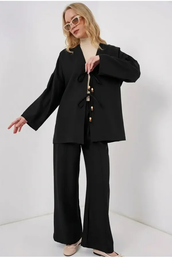 Kadın Siyah Keten Bağlama Detaylı Kimono Pantolon İkili Takım HZL26S-BD167271