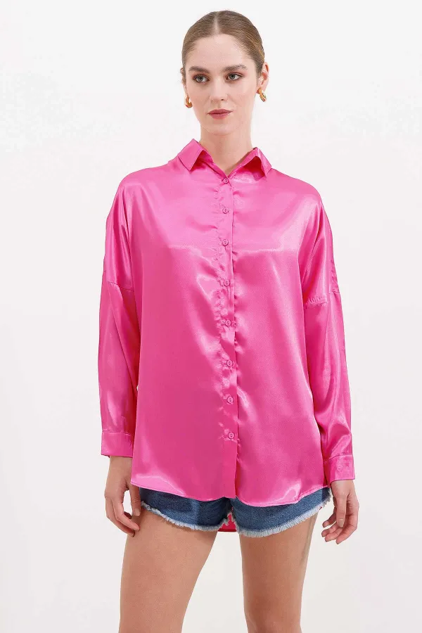 Chemise ample fuchsia fluide satinée pour femme HZL23S-BD139851