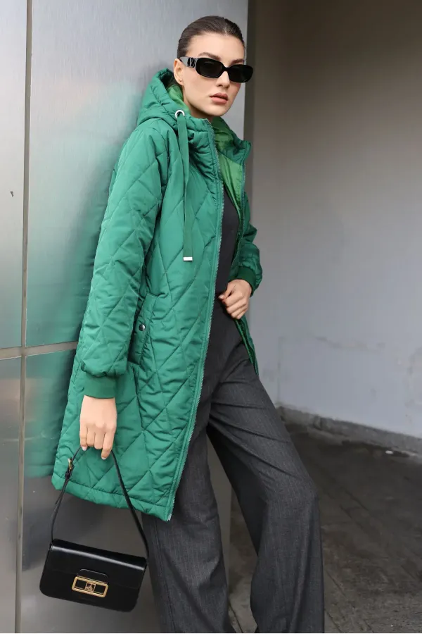 5138 Quilted Long Puffer Jacket - Emerald Green