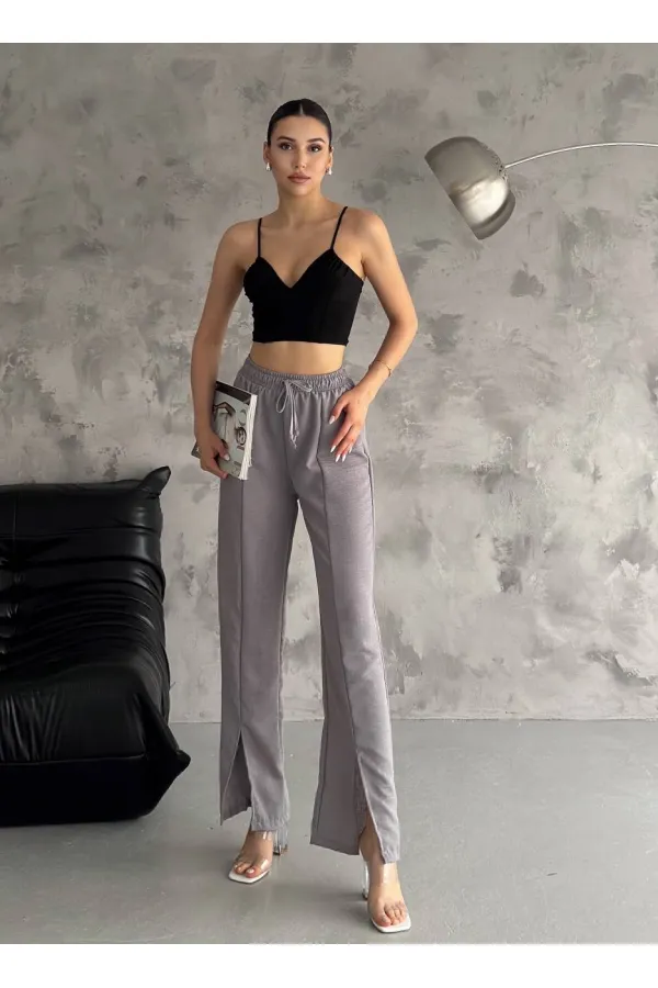 Kadın Gri Lastikli Bel Yırtmaç Detaylı Cepsiz İthal Keten Astarsız Pantolon HZL24S-FRY121941