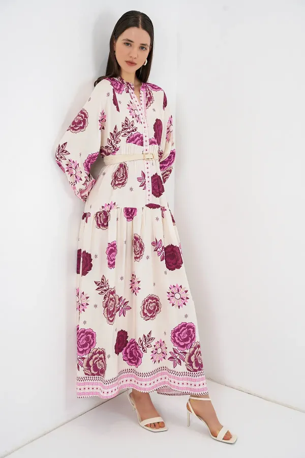 Women's Patterned Long Hijab Dress 2585 - D. Fuchsia