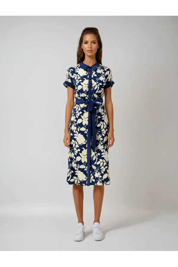 Kadın Lacivert Krem Kuşaklı Çiçek Desenli Düğmeli Yazlık Viskon Elbise HZL24S-BD124551