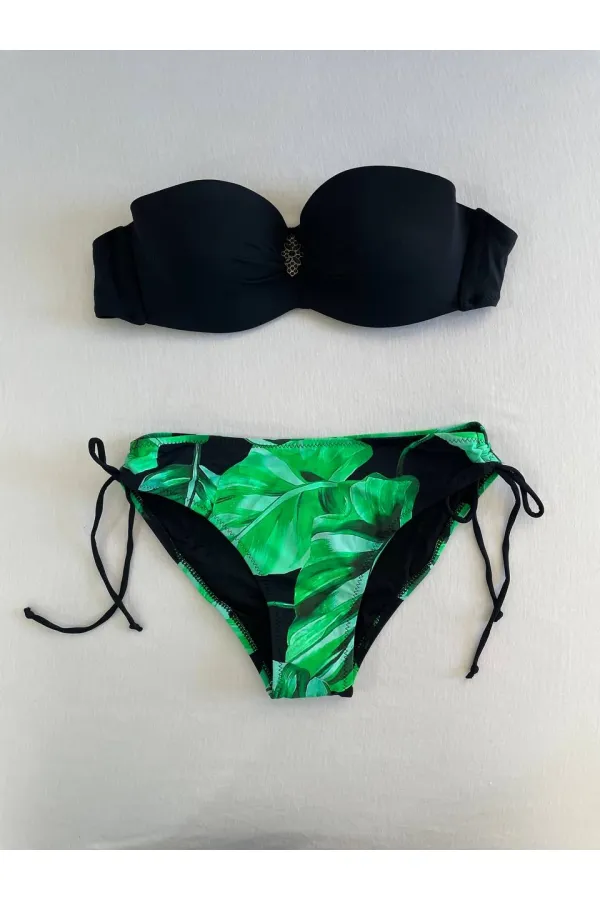 Ensemble bikini femme à boucle noire et motif vert détaillé HZL25S-LC3352