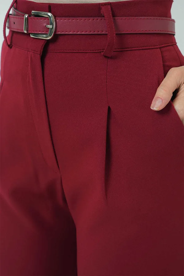 Kadın Bordo Yüksel Bel Kemerli Kumaş Pantolon HZL25S-BD167251
