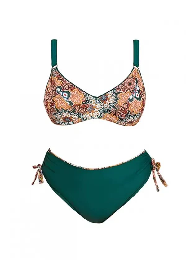 Kadın  Zümrüt Yeşil Etnik Desen Büyük Beden Bikini Takım HZL25S-LC3310