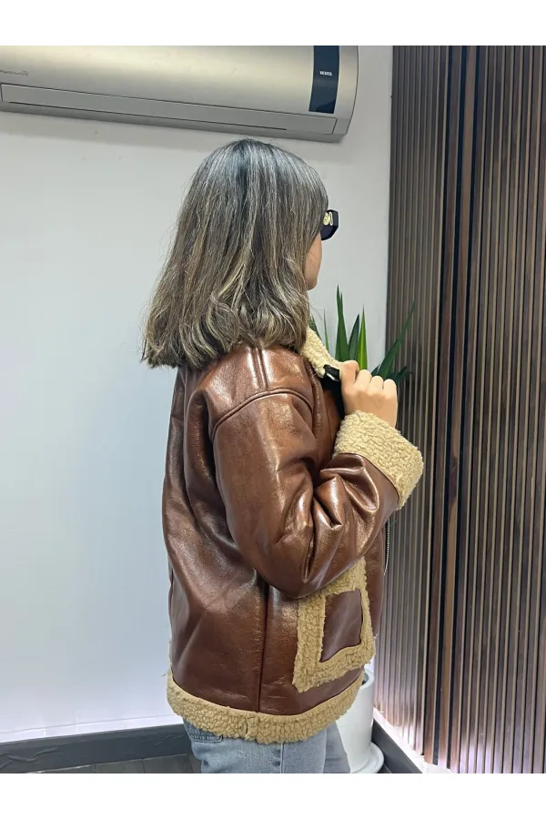 Kadın Taba Içi Kürklü Önden Fermuarlı Suni Deri Mont HZL24W-BRC181001