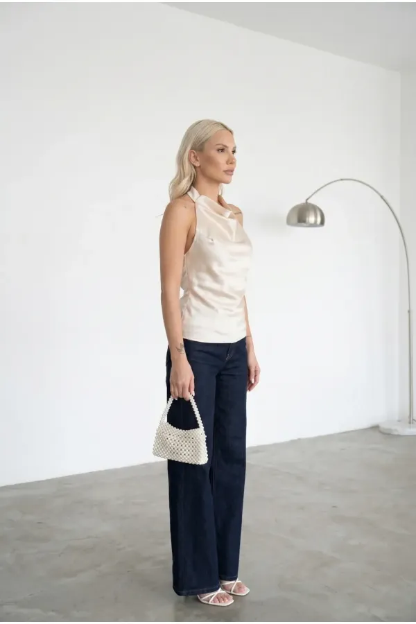 Kadın Krem Halter Yaka Saten Kumaş Sırt Dekolteli Bluz HZL26W-FRY123801