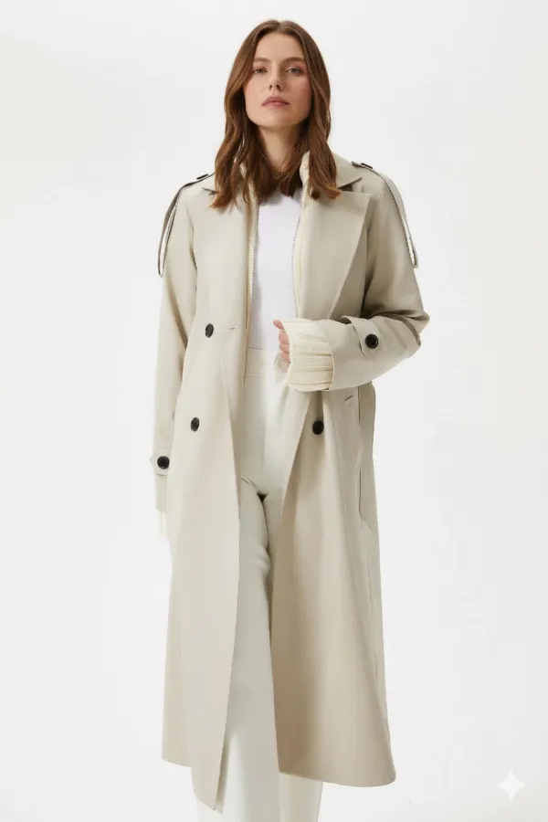Kadın Krem Kruvaze Yaka Astarlı Kemerli Mevsimlik Trençkot HZL25W-BD159411