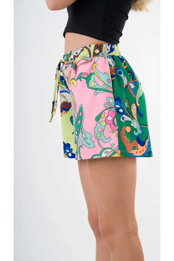 Kadın Yeşil Pembe Beli Lastikli Ve Bağlamalı Cepli Şort HZL24S-YY226