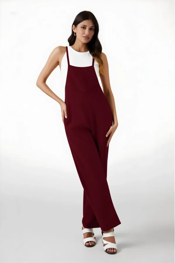 Kadın Bordo Ayarlanabilir Askılı Cepli Bol Paça Bahçıvan Tulum Hzl22s-bd170191