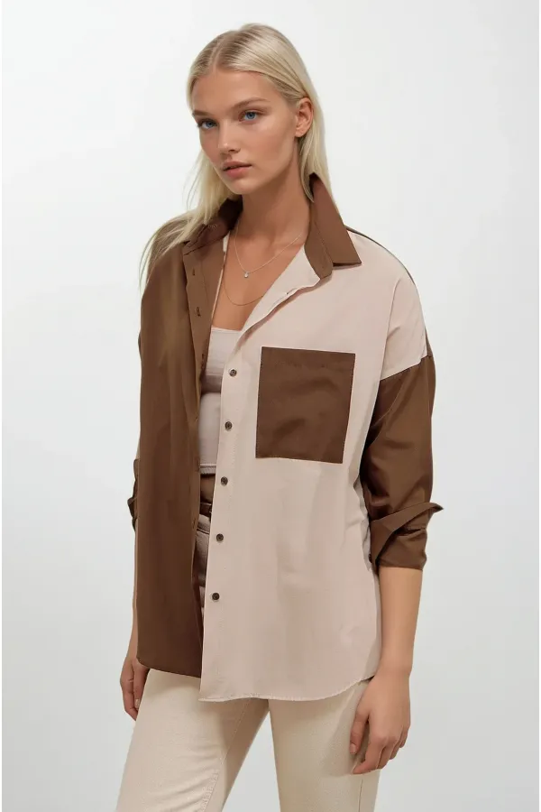 Kadın Kahverengi Krem Renk Bloklu  Poplin Basic Gömlek HZL22S-BD1201161