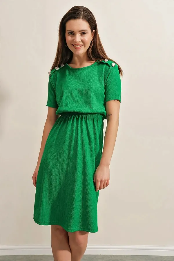 Women's Green Elastic Waist Button Detailed Casual Knitted Dress HZL22S-BD123751