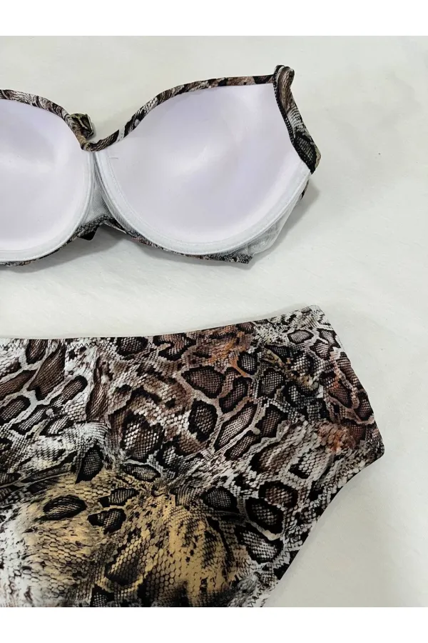 Kadın Kahverengi Leopar Desenli Astarlı Büyük Beden Bikini Takımı HZL25S-LC25006