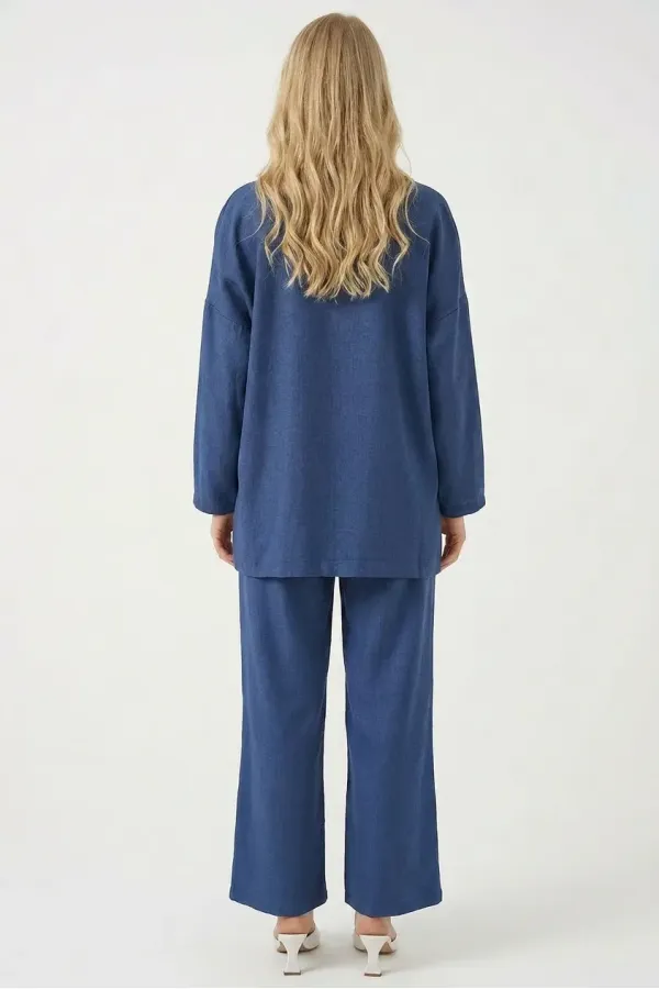Kadın Lacivert Keten Bağlama Detaylı Kimono Pantolon İkili Takım HZL26S-BD167271