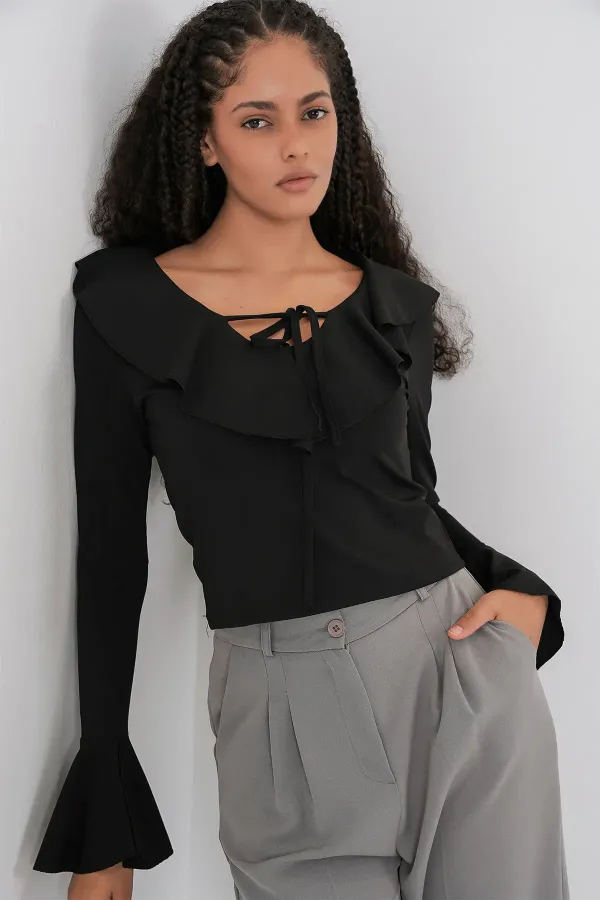 Kadın Uzun Kol Crop Bluz 979 - Siyah