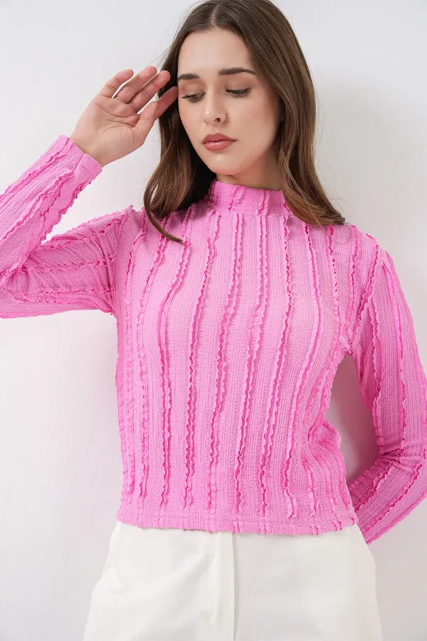 Kadın Dokulu Esnek Örme Bluz 975 - Pembe