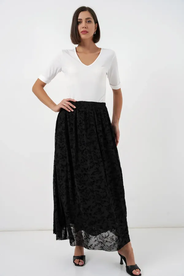 Jupe doublée à imprimé floqué pour femme 8069 - Noire