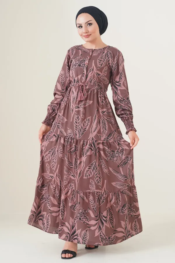 2145 Desenli Tesettür Elbise - Kahverengi