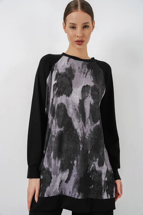 Women's Patterned Oversize Tunic and Pants Two-Piece Set 55462 - Black