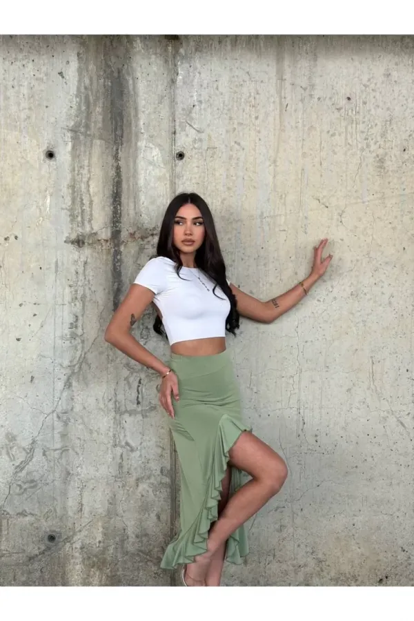 Kadın Yeşil Yüksel Bel Dalgıç Kumaş Asimetrik Kesim Etek HZL25S-ZK11701