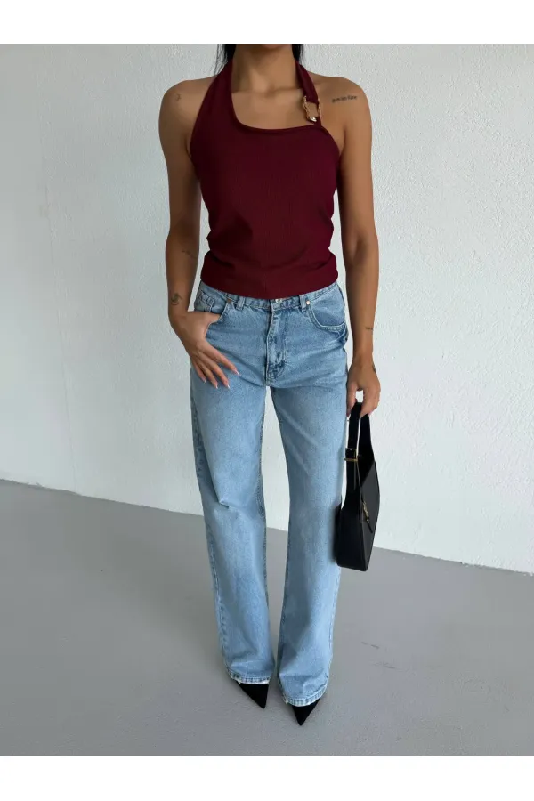 Kadın Bordo Ottoman Kumaş Halter Yaka Toka Detay Bluz HZL26W-FRY123321