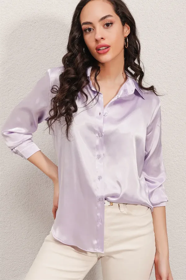 3964 Lightly Draped Satin Shirt - Light Lilac