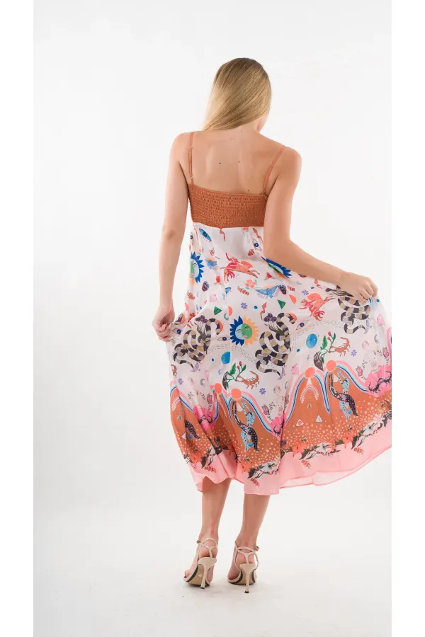 Kadın Çok Renkli İp Askılı Astarsız Uzun Elbise HZL24S-YY276