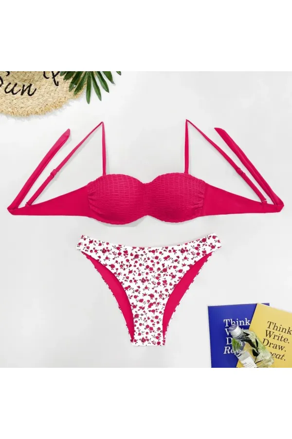 Kadın Mürdüm Beyaz Çiçek Desenli Bikini Takım HZL25S-LC211