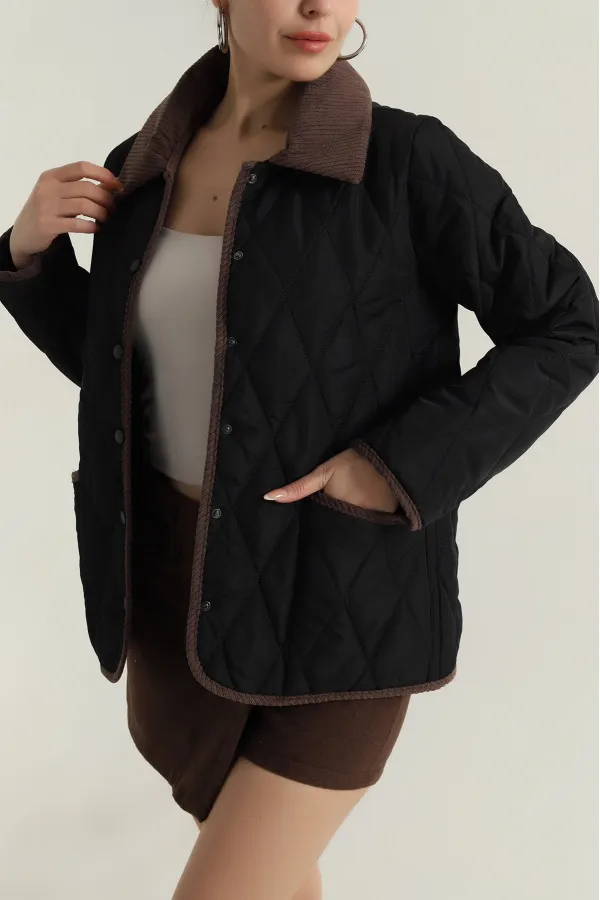 Kadın Siyah Çıt Çıt Kapamalı Kadife Detaylı Kapitone Mont HZL25W-BD152261