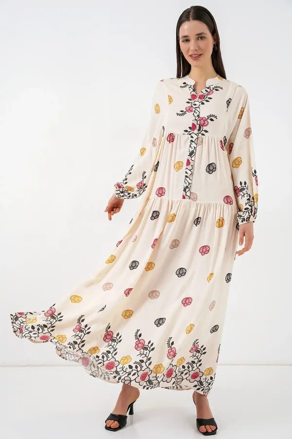 Robe longue hijab à motifs pour femme 2585 - Beige clair