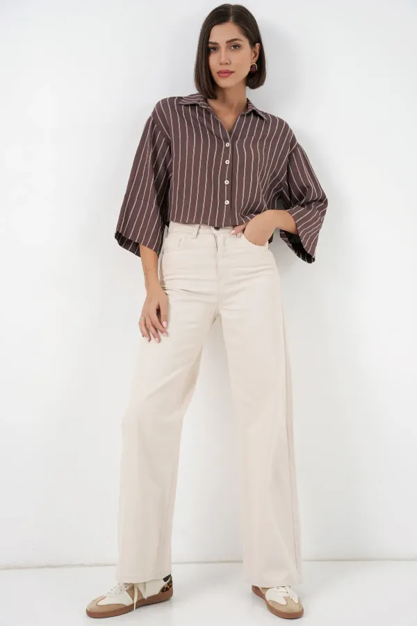 Chemise courte rayée oversize pour femme 20326 - Marron