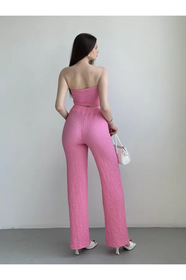 Kadın Pembe Beli Lastilkli Gofre Kumaş Pantolon HZL24S-ZK13261