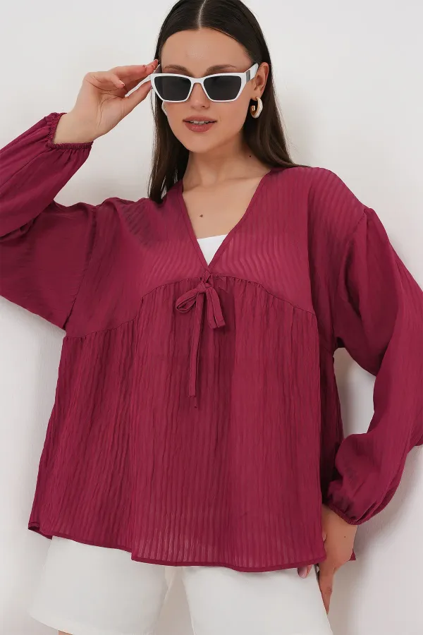 Women's Front Lace-Up Long-Sleeve Blouse 946 - Burgundy