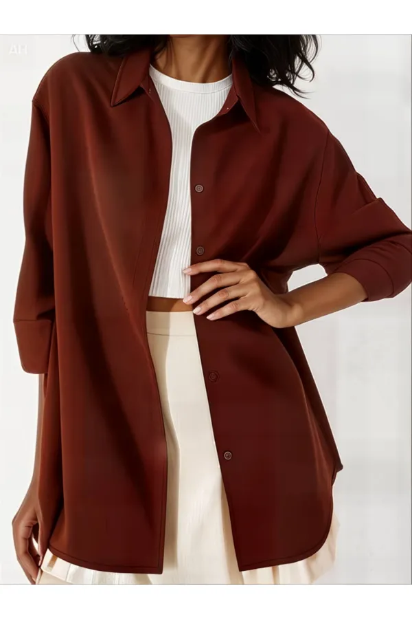 Kadın Kahverengi Oversize Uzun Basic Gömlek Hzl22w-bd139001