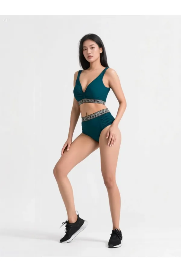 Women's Green High Waist Side Stripe Detail Patterned Elastic Padded Bikini Set HZL25S-LC201
