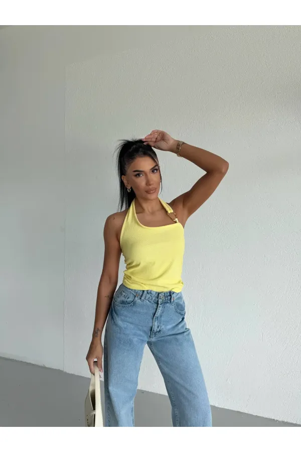 Kadın Sarı Ottoman Kumaş Halter Yaka Toka Detay Bluz HZL26W-FRY123321
